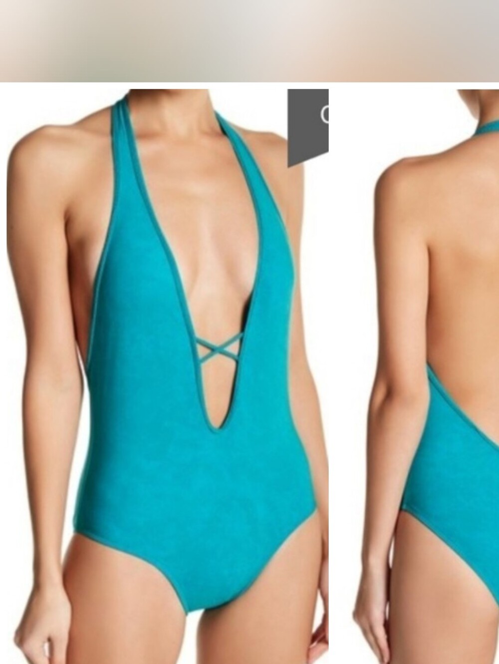 NWT Mia Marcelle Deep Plunge Halter Swimsuit, Small, Teal